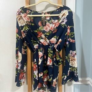 Floral Wrap Romper - Navy and Pink